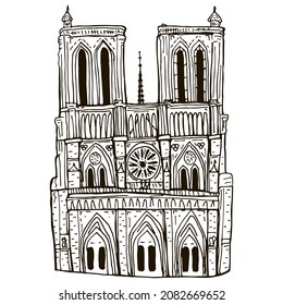 Hand drawn sketch vector illustration of Notre Dame de Paris. Paris vector architecture isolated  on white background. 