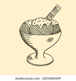 Hand drawn sketch vector illustration of three ice cream balls in glass bowl.