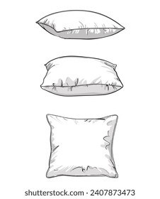 Hand drawn sketch vector illustration set pillow, white pillow isolated,