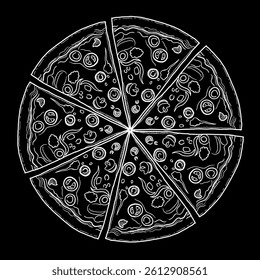 Hand drawn sketch vector illustration of pizza food with white lines and black background