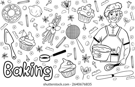 Hand drawn sketch vector illustration set with cooking items, baker and lettering. Bakery products: muffin and cupcake. mixer, spatula, spoons, sieve. Spices: anis, carnation, saffron, cinnamon.
