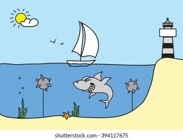 Hand drawn sketch vector illustration, sailboat floats to the lighthouse, passing danger shark and bombs. Design elements for banner, flyer, card, collage