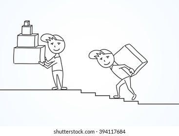 Hand drawn sketch vector illustration, delivery men with packages and boxes on the steps. Illustration about professional work, shipping, product transportation process