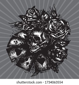 Hand Drawn Sketch Vector illustration.Rose and skull tattoo.