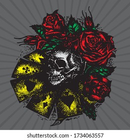 Hand Drawn Sketch Vector illustration.Rose and skull tattoo.