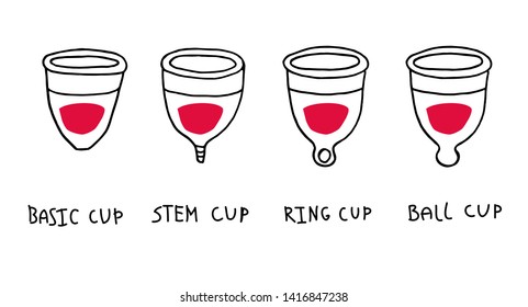 Hand drawn sketch vector illustrations of different types menstrual cups. Icons of female hygiene products for woman periods, reusable eco friendly alternative to tampons and pads. 