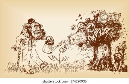 Hand drawn sketch vector pension fund concept illustration. Senior age man watering idea money tree. exuberant. 