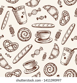 Hand drawn sketch vector seamless pattern: cup of tea and coffee, candies, bakery. 
