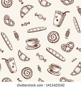 Hand drawn sketch vector seamless pattern: cup of tea and coffee, candies, bakery. 