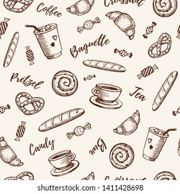 Hand drawn sketch vector seamless pattern. Сup of tea and coffee, candies, bakery and lettering
