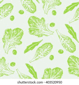 Hand drawn sketch vector seamless pattern vegetable green salad on gray background. 