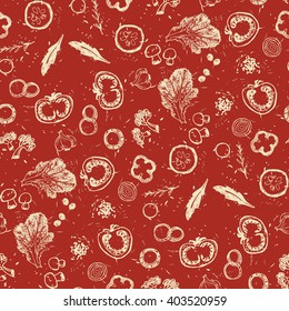 Hand drawn sketch vector seamless pattern vegetable on red background. 