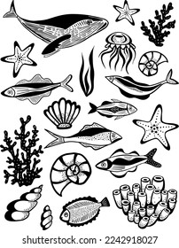 Hand drawn sketch vector set sea fish and other animals doolle style
