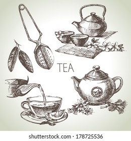 Hand drawn sketch vector tea set 