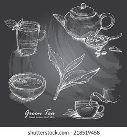 Hand Drawn Sketch Vector Tea Set On Blackboard.