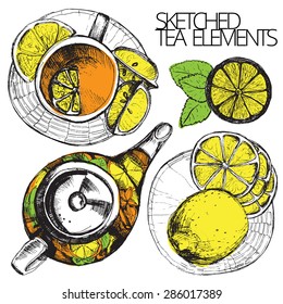 Hand drawn sketch vector tea set isolated on white background