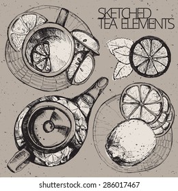 Hand drawn sketch vector tea set isolated on white background