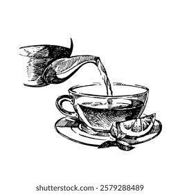 Hand drawn sketch vector teapot and tea illustration, isolated on white background