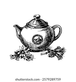 Hand drawn sketch vector teapot and herbs illustration