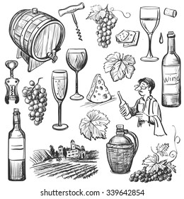 Hand Drawn Sketch Vector Wine Set. Wine Objects: Bottle, Glass, Barrel, Grapes, Corkscrew, Sommelier.