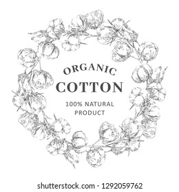 Hand drawn sketch vector wreath with cotton. Background for invitation, label, tags, wedding, greeting, birthday card 