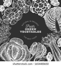 Diseño de verduras dibujadas a mano. Plantilla de banner vectorial de alimentos frescos orgánicos. Fondo vegetal vintage. Ilustraciones botánicas de estilo grabado en pizarra.