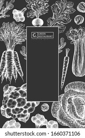 Hand drawn sketch vegetables design. Organic fresh food vector banner template. Vintage vegetable background. Engraved style botanical illustrations on chalk board.