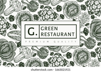 Hand drawn sketch vegetables design. Organic fresh food vector banner template. Vintage vegetable background. Engraved style botanical illustrations.