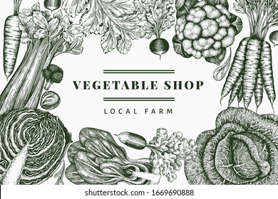 Hand drawn sketch vegetables design. Organic fresh food vector banner template. Retro vegetable background. Engraved style botanical illustrations.