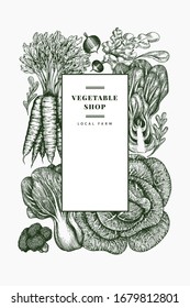 Hand drawn sketch vegetables design. Organic fresh food vector banner template. Retro vegetable background. Engraved style botanical illustrations.