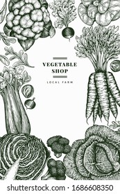 Hand drawn sketch vegetables design. Organic fresh food vector banner template. Retro vegetable background. Engraved style botanical illustrations.