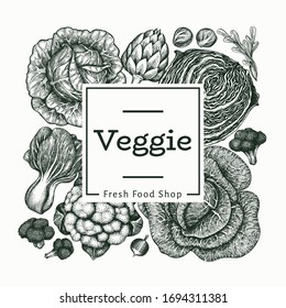 Hand drawn sketch vegetables design. Organic fresh food vector banner template. Retro vegetable background. Engraved style botanical illustrations.