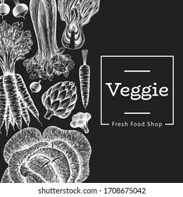 Hand drawn sketch vegetables design. Organic fresh food vector banner template. Vintage vegetable background. Engraved style botanical illustrations on chalk board.