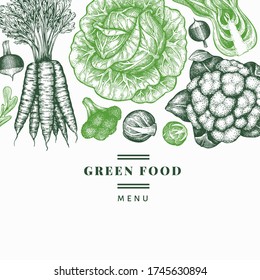 Handgezeichnetes Gemüsesdesign. Bio frische Lebensmittel Vektorvorlage. Retro Gemüseuntergrund. Stilbotanische Illustrationen.