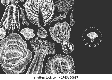 Hand drawn sketch vegetables design. Organic fresh food vector banner template. Retro vegetable background. Engraved style botanical illustrations on chalk board.