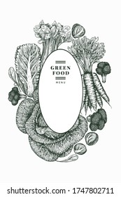 Hand drawn sketch vegetables design. Organic fresh food vector banner template. Retro vegetable background. Engraved style botanical illustrations.