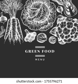 Diseño de vegetales dibujados a mano. Plantilla de banner para vectores de alimentos frescos orgánicos. Fondo vegetal retro. Ilustraciones botánicas de estilo grabado en pizarra.