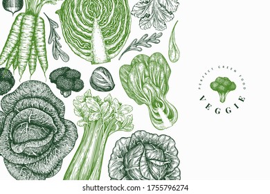 Hand drawn sketch vegetables design. Organic fresh food vector banner template. Retro vegetable background. Engraved style botanical illustrations.