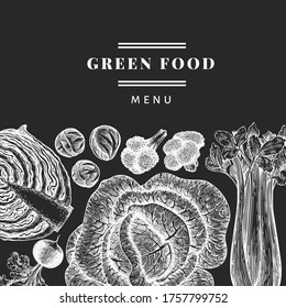 Hand drawn sketch vegetables design. Organic fresh food vector banner template. Retro vegetable background. Engraved style botanical illustrations on chalk board.