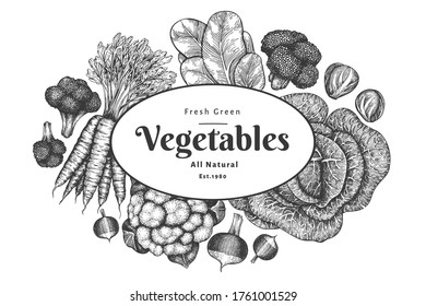 Hand drawn sketch vegetables design. Organic fresh food vector banner template. Retro vegetable background. Engraved style botanical illustrations.