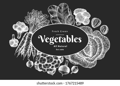 Handgezeichnetes Gemüsesaal-Design. Bio frische Lebensmittel, Vektorbanner-Vorlage. Retro-pflanzlicher Hintergrund. Botanische Illustrationen im Stilstil auf Kreidebrett.