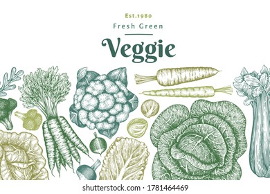 Hand drawn sketch vegetables design. Organic fresh food vector banner template. Retro vegetable background. Engraved style botanical illustrations.