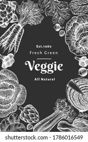 Handgezeichnetes Gemüsesaal-Design. Bio frische Lebensmittel, Vektorbanner-Vorlage. Retro-pflanzlicher Hintergrund. Botanische Illustrationen im Stilstil auf Kreidebrett.