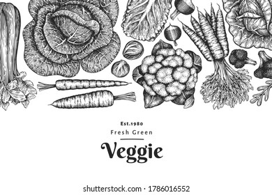 Diseño de vegetales dibujados a mano. Plantilla de banner para vectores de alimentos frescos orgánicos. Fondo vegetal retro. Ilustraciones botánicas de estilo grabado.