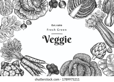 Hand drawn sketch vegetables design. Organic fresh food vector banner template. Retro vegetable background. Engraved style botanical illustrations.