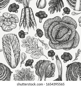 Hand drawn sketch vegetables. Organic fresh food vector seamless pattern. Retro vegetable background. Engraved style botanical illustrations.