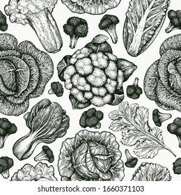 Hand drawn sketch vegetables. Organic fresh food vector seamless pattern. Vintage vegetable background. Engraved style botanical illustrations.