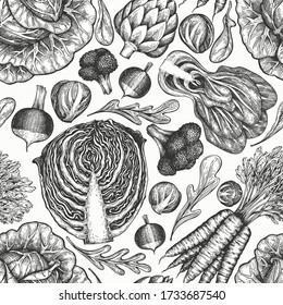 Hand drawn sketch vegetables. Organic fresh food vector seamless pattern. Retro vegetable background. Engraved style botanical illustrations.