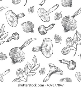 Hand drawn sketch vegetables, Vector seamless pattern mushrooms, olive, pepper, onion isolated on white, Ideal for use in organic food industry, healthy green food market, vegetarian restaurant menu