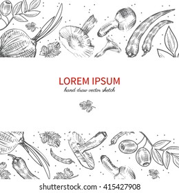 Hand drawn sketch vegetables, Vector illustration mushrooms, olive, pepper, onion isolated on white, Ideal for use in organic food industry, healthy green food market, vegetarian restaurant menu